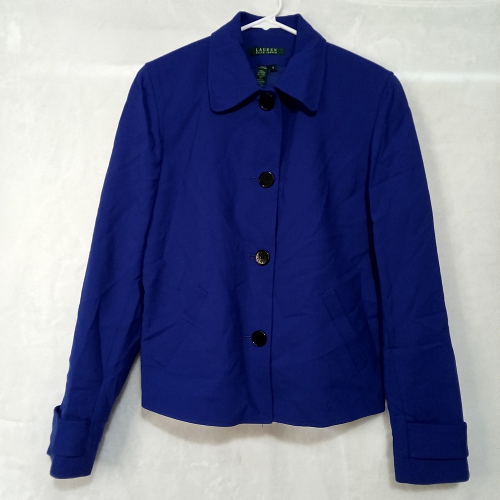 Lauren Ralph Lauren Blue Wool Blend Button Front Blazer Jacket Womens Size 10